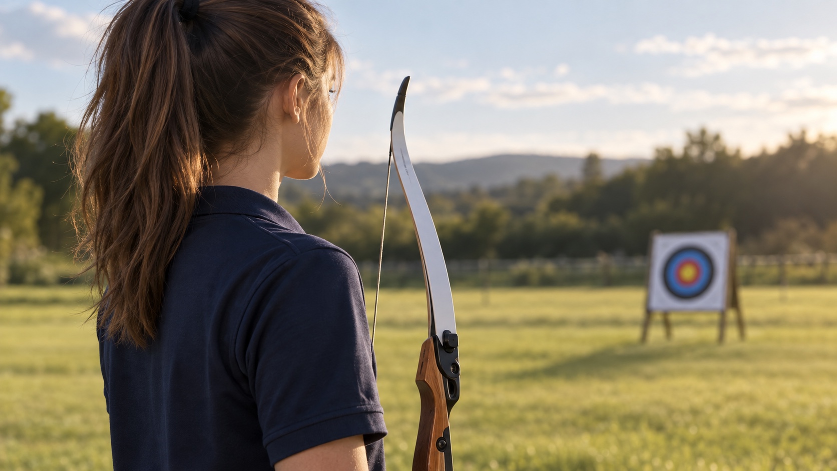 Concept photo of a young archer pausing with an unloaded bow