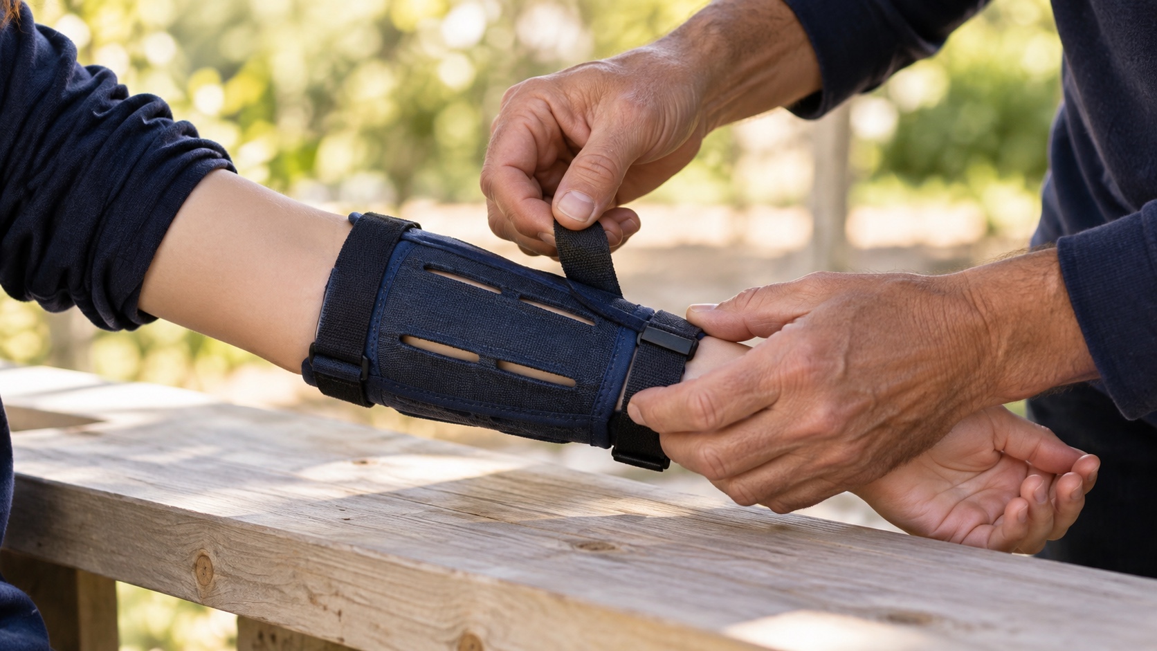 Concept photo of hands adjusting a protective archery armguard