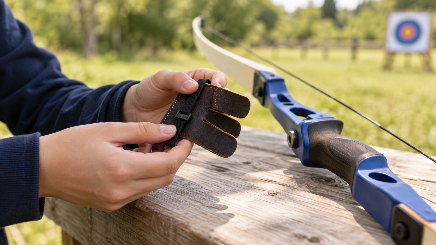 Concept photo of hands inspecting a finger tab beside a resting bow