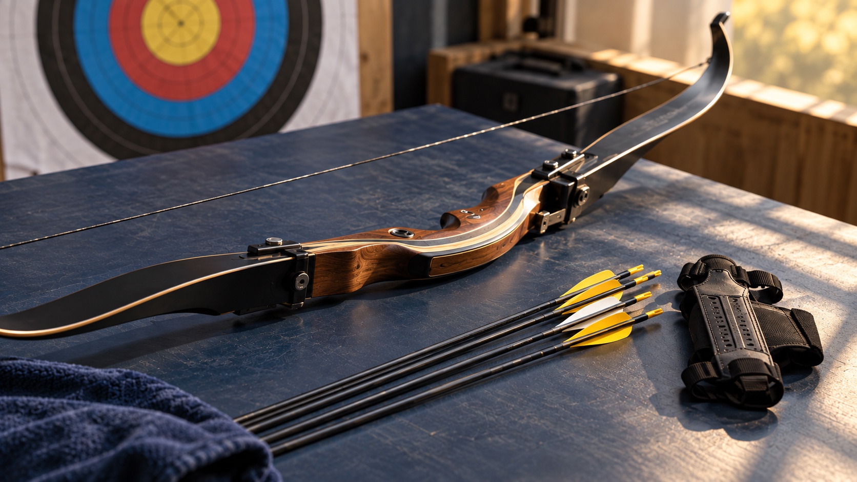 Illustrative recurve bow, arrows and protective equipment